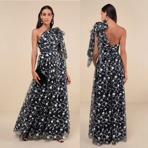 🌻NEW w/tags Whimsical Allure Navy Mesh Embroidered One-Shoulder Maxi Dress XS